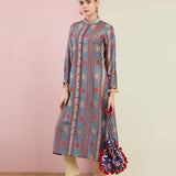 Grey Stripe Embroidered Front Open Kurta With Pants