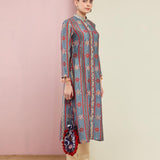 Grey Stripe Embroidered Front Open Kurta With Pants