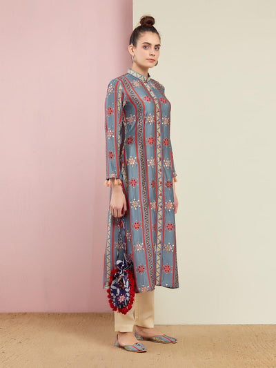 Grey Stripe Embroidered Front Open Kurta With Pants