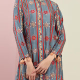 Grey Stripe Embroidered Front Open Kurta With Pants