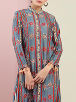 Grey Stripe Embroidered Front Open Kurta with Pants