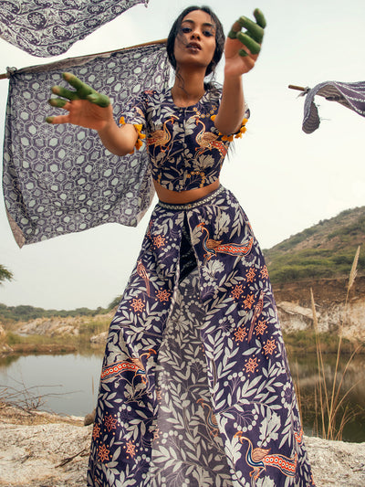 Morbagh Printed Embroidered Crop Top With Wrap Pants