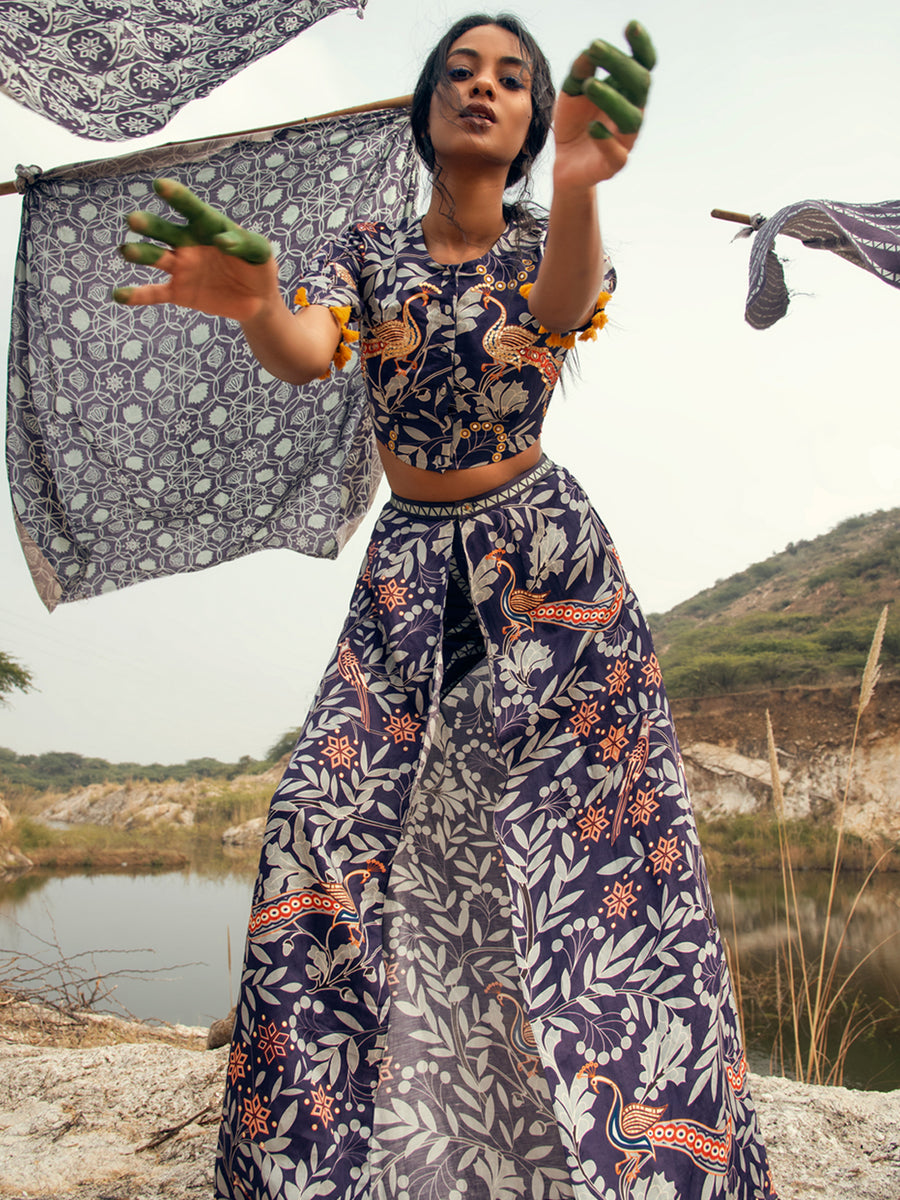 Morbagh Printed Embroidered Crop Top With Wrap Pants