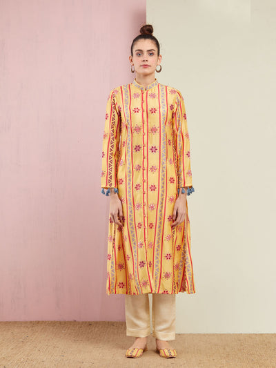 Morbagh Yellow Stripe Embroidered Front Open Kurta With Pants