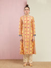 Yellow Stripe Embroidered Front Open Kurta with Pants