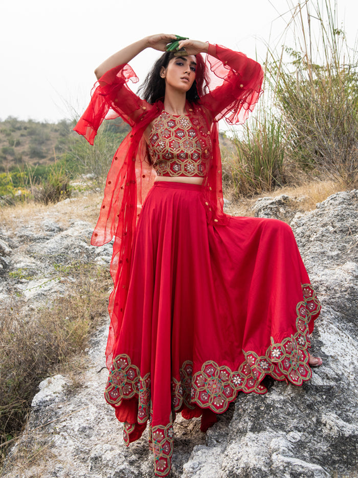 Morbagh Red Embroidered Lehenga with Halter And Cape