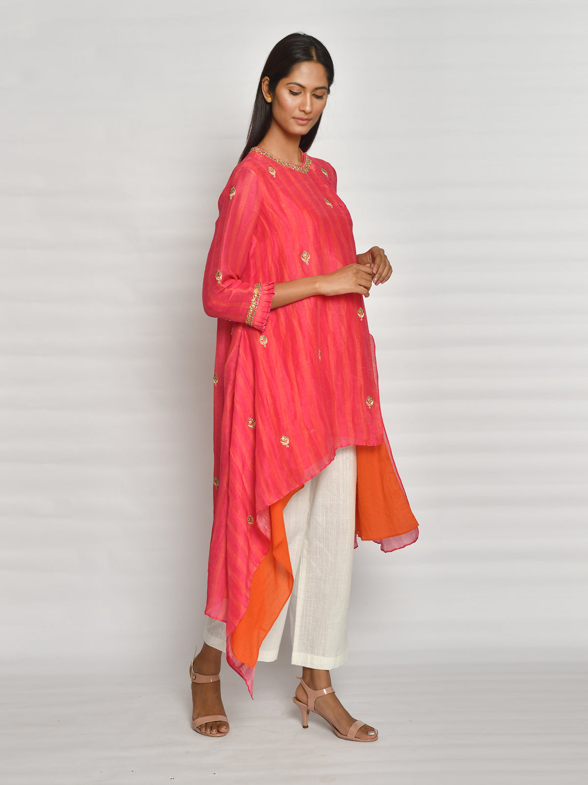 Rani Pink Printed Embroidered Asymmetrical Kurta Set