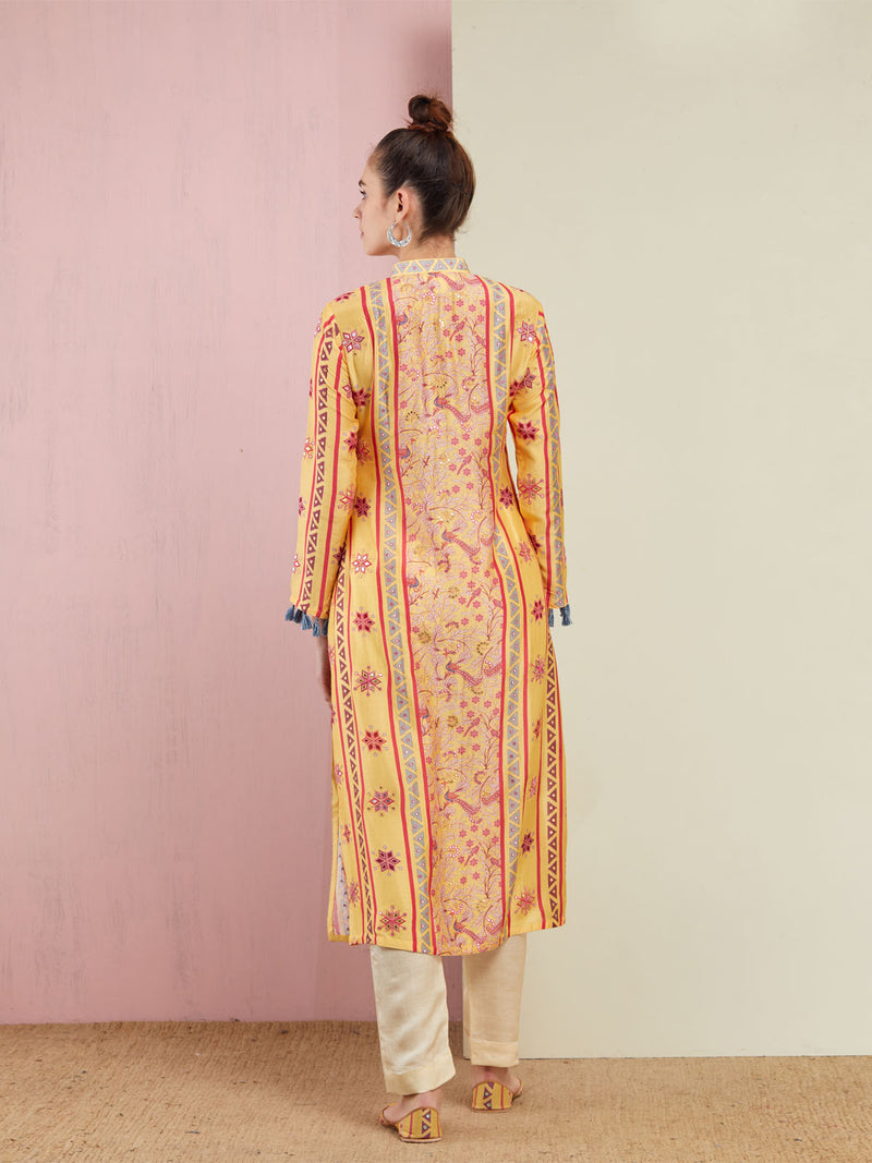 Yellow Stripe Embroidered Front Open Kurta with Pants