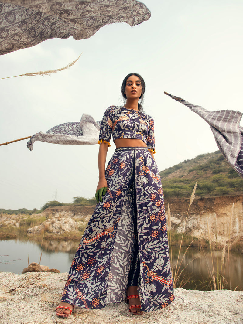 Morbagh Printed Embroidered Crop Top with Wrap Pants