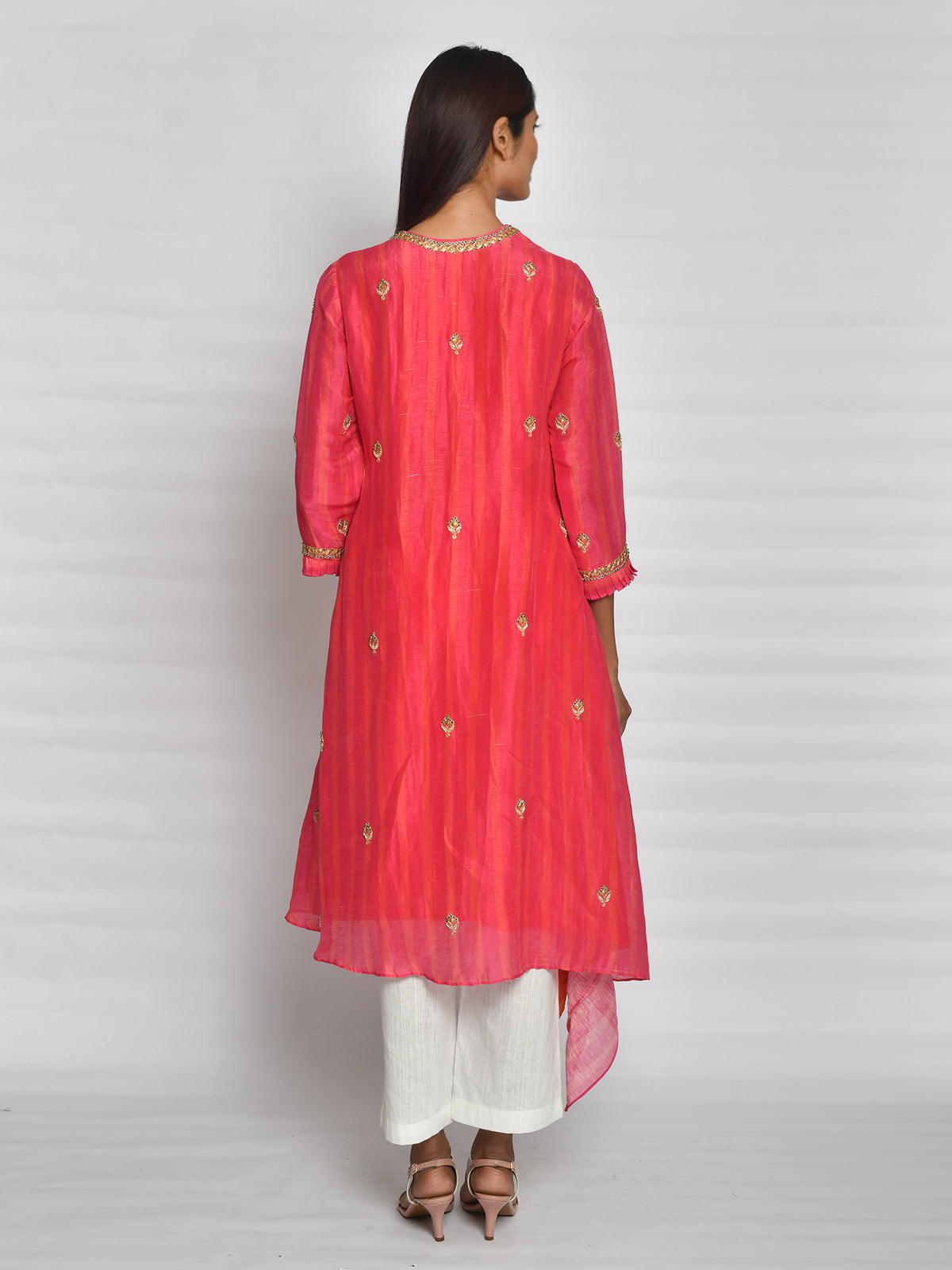 Rani Pink Printed Embroidered Asymmetrical Kurta Set
