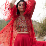 Morbagh Red Embroidered Lehenga With Halter And Cape