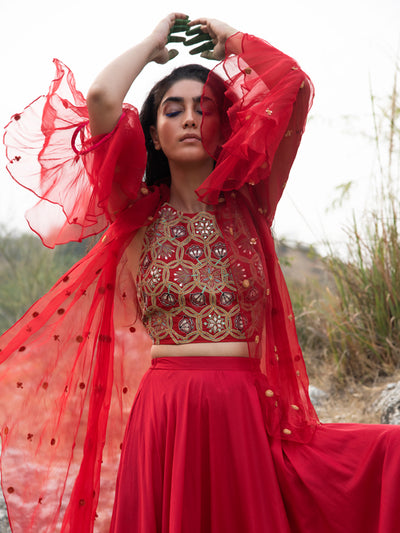 Morbagh Red Embroidered Lehenga With Halter And Cape