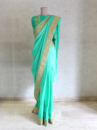 Turquoise Green Ombre Marodi Sari With Blouse