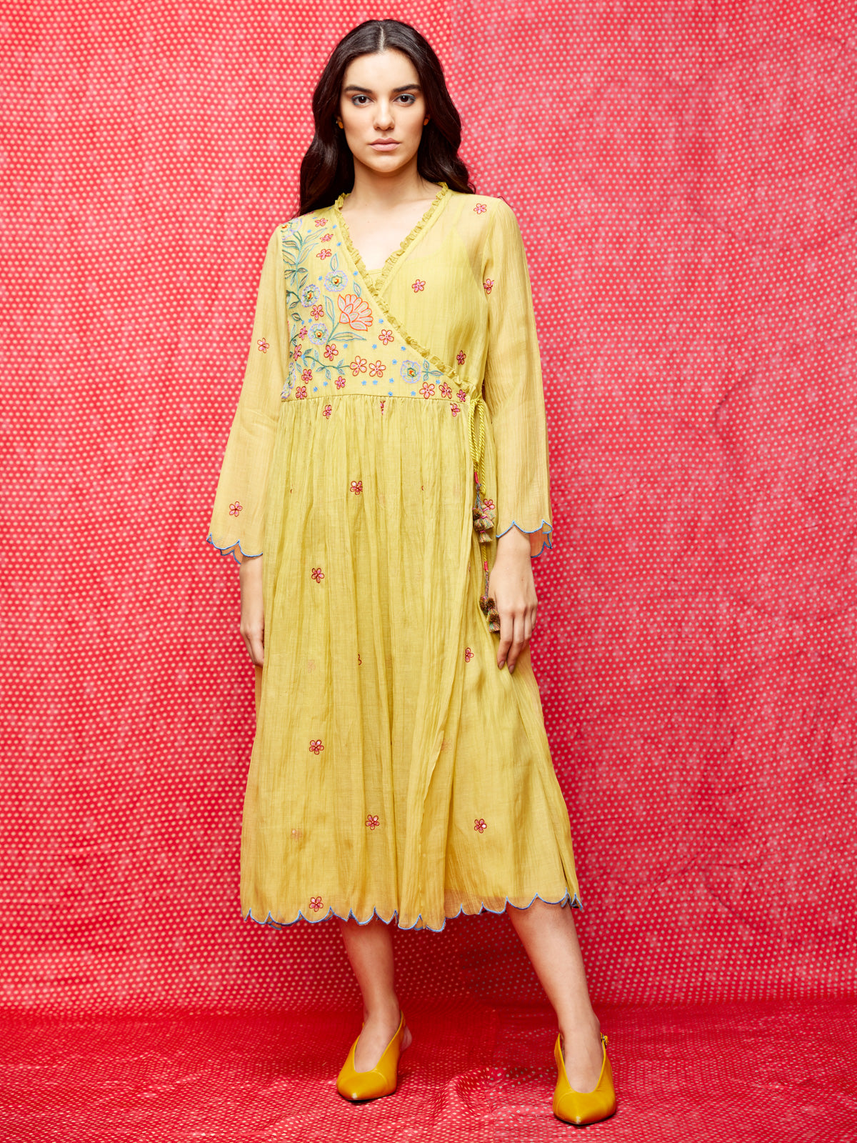 Rose Yellow Embroidered Wrap Dress