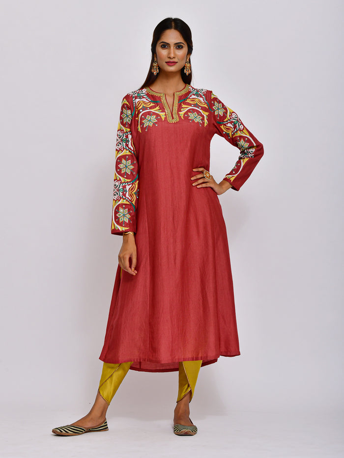 Maroon Tota Embroidered Kurta Set