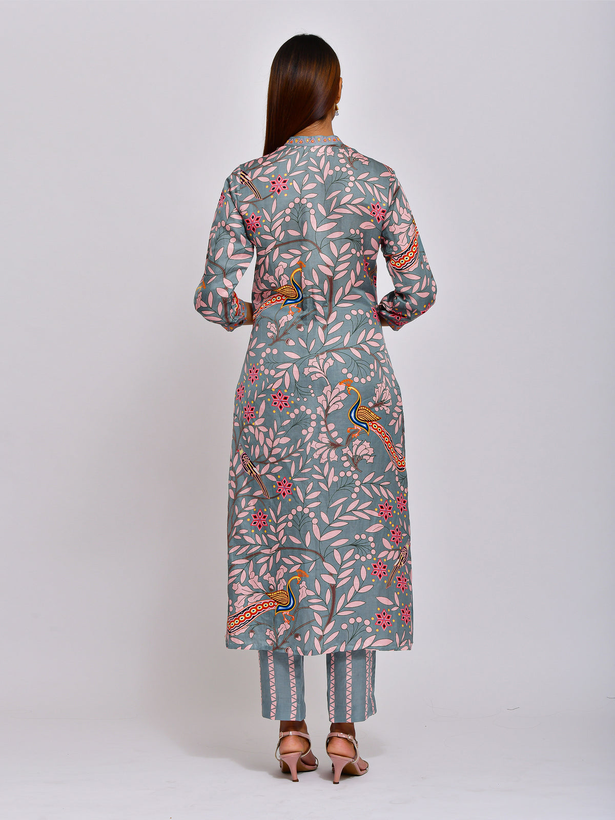 Peacock Printed Embroidered Jaal Kurta with Pants