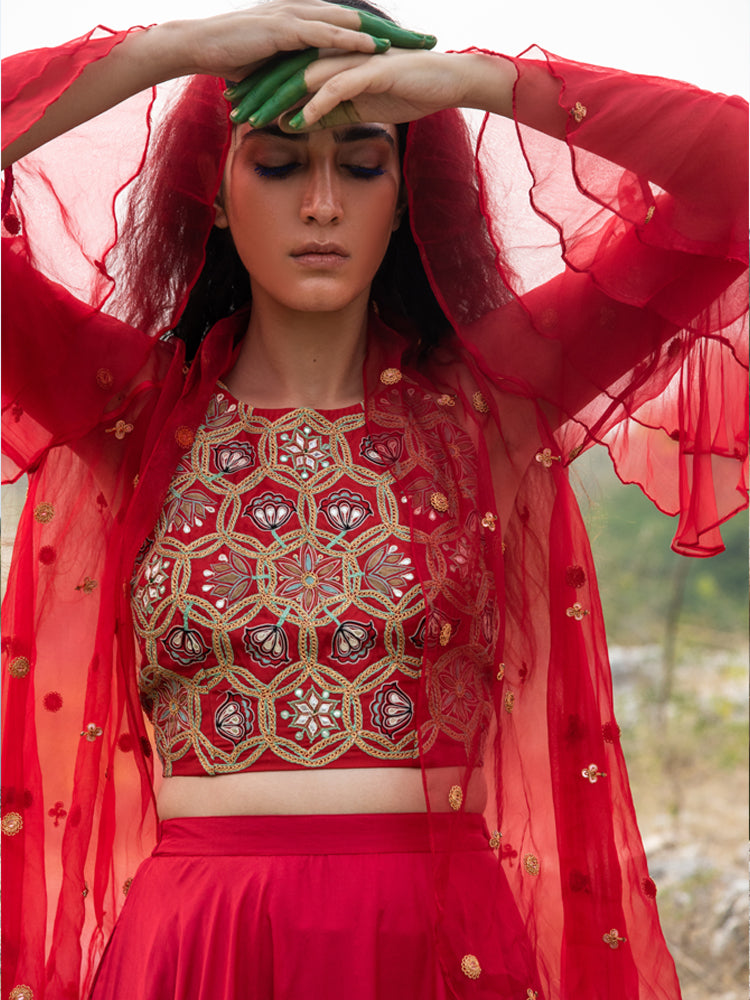 Morbagh Red Embroidered Lehenga with Halter And Cape