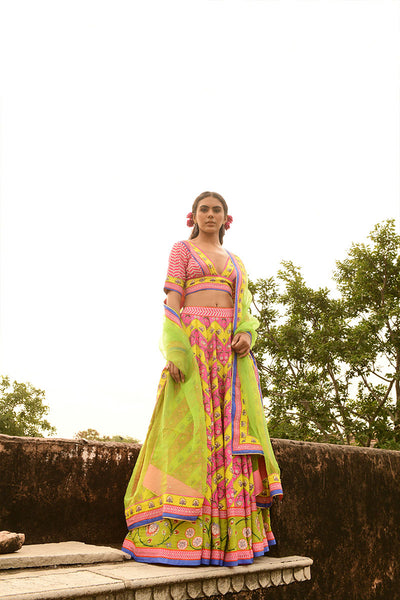 Printed Embroidered Lime and Pink Lehenga Set