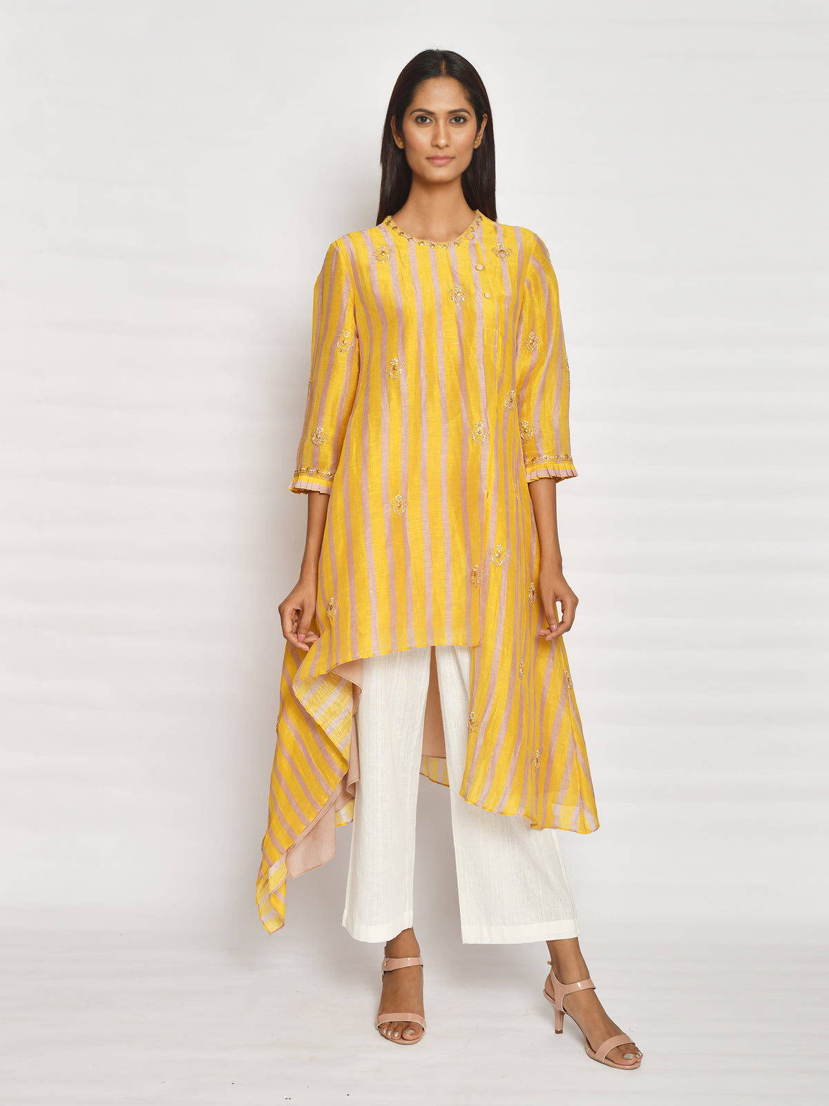 Ochre Printed Embroidered Asymmetrical Kurta Set