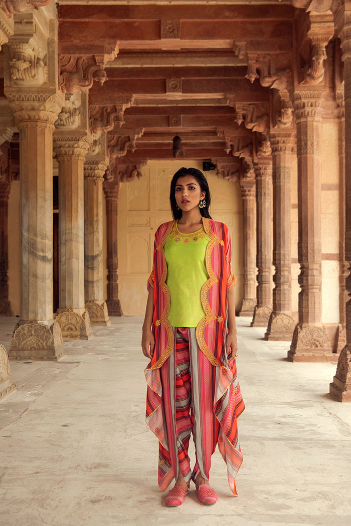 Tijara Cape, Pichola Top & Kesrauli Dhoti Pants