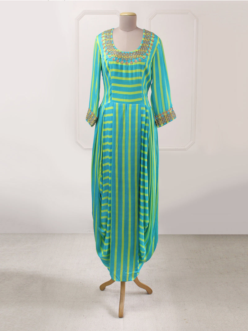 Turquoise/Lime Striped Danka Dhoti Dress