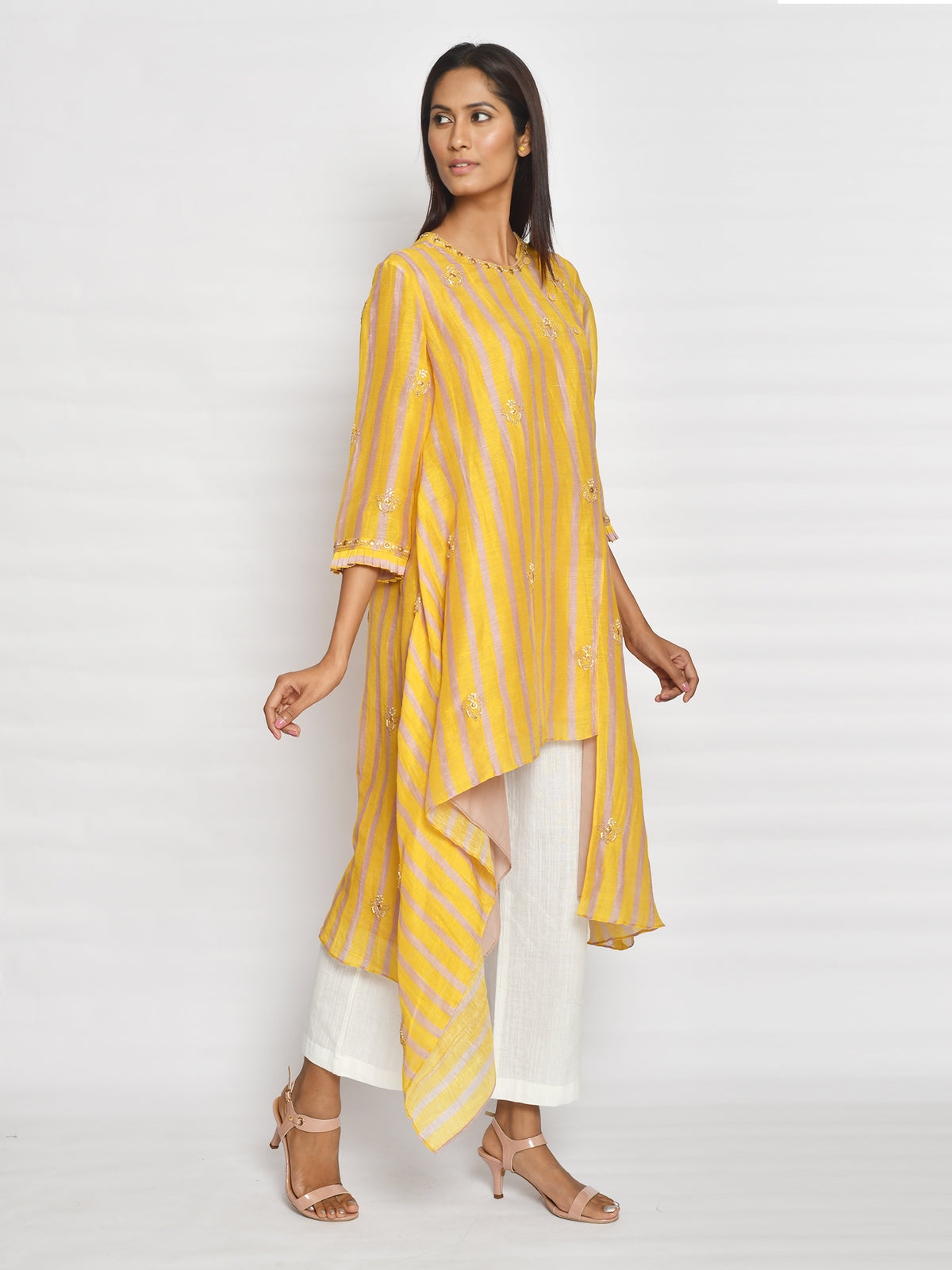 Ochre Printed Embroidered Asymmetrical Kurta Set