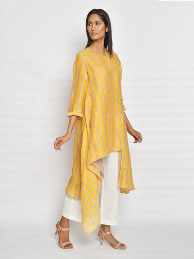 Ochre Printed Embroidered Asymmetrical Kurta Set