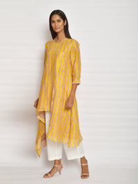 Ochre Printed Embroidered Asymmetrical Kurta Set