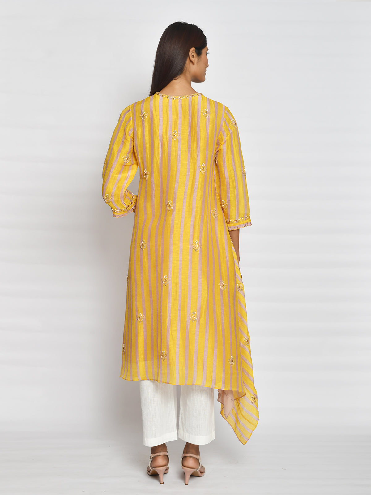 Ochre Printed Embroidered Asymmetrical Kurta Set