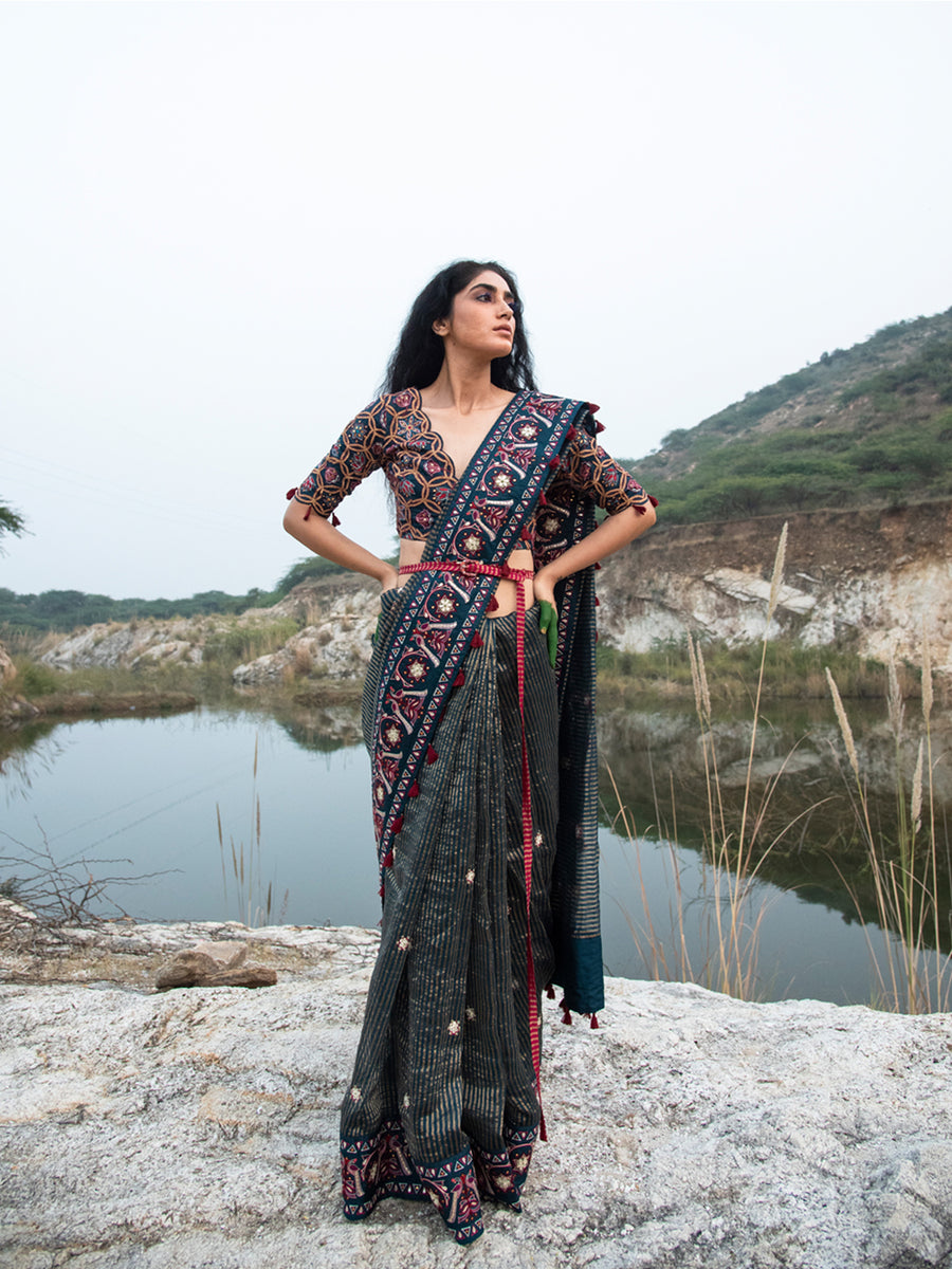 Morbagh Teal Sunheri Embroidered Saree With Embroidered Blouse