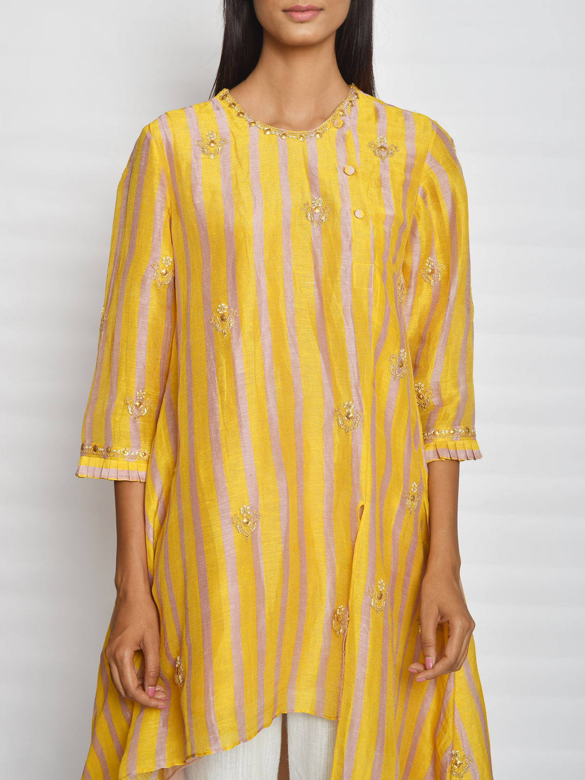 Ochre Printed Embroidered Asymmetrical Kurta Set