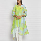Lime Green Printed Embroidered Asymmetrical Kurta Set