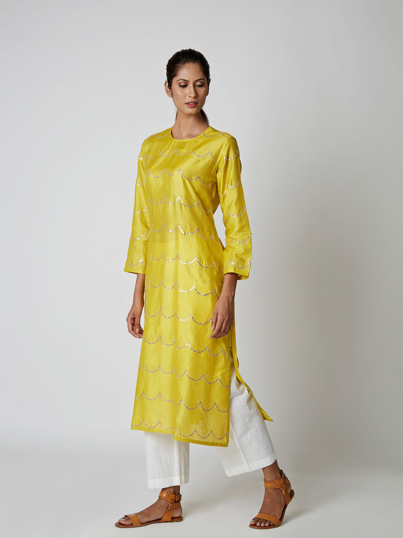 Yellow Silk Scallop Kurta - Swati Vijaivargie