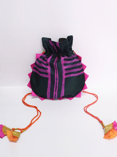 Black With Pink Stripes Round Shibori Potli Bag
