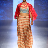 Bagh Applique Embroidered Crop Top With printed Pleated pants and Shibori Jacket