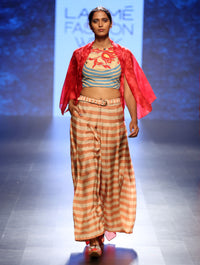 Bagh Applique Embroidered Crop Top With printed Pleated pants and Shibori Jacket
