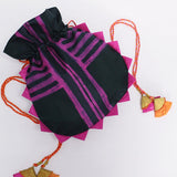 Black With Pink Stripes Round Shibori Potli Bag
