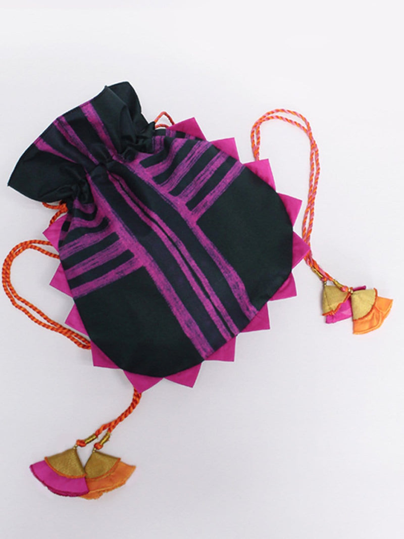 Black with Pink Stripes Round Shibori Potli Bag