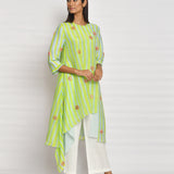 Lime Green Printed Embroidered Asymmetrical Kurta Set