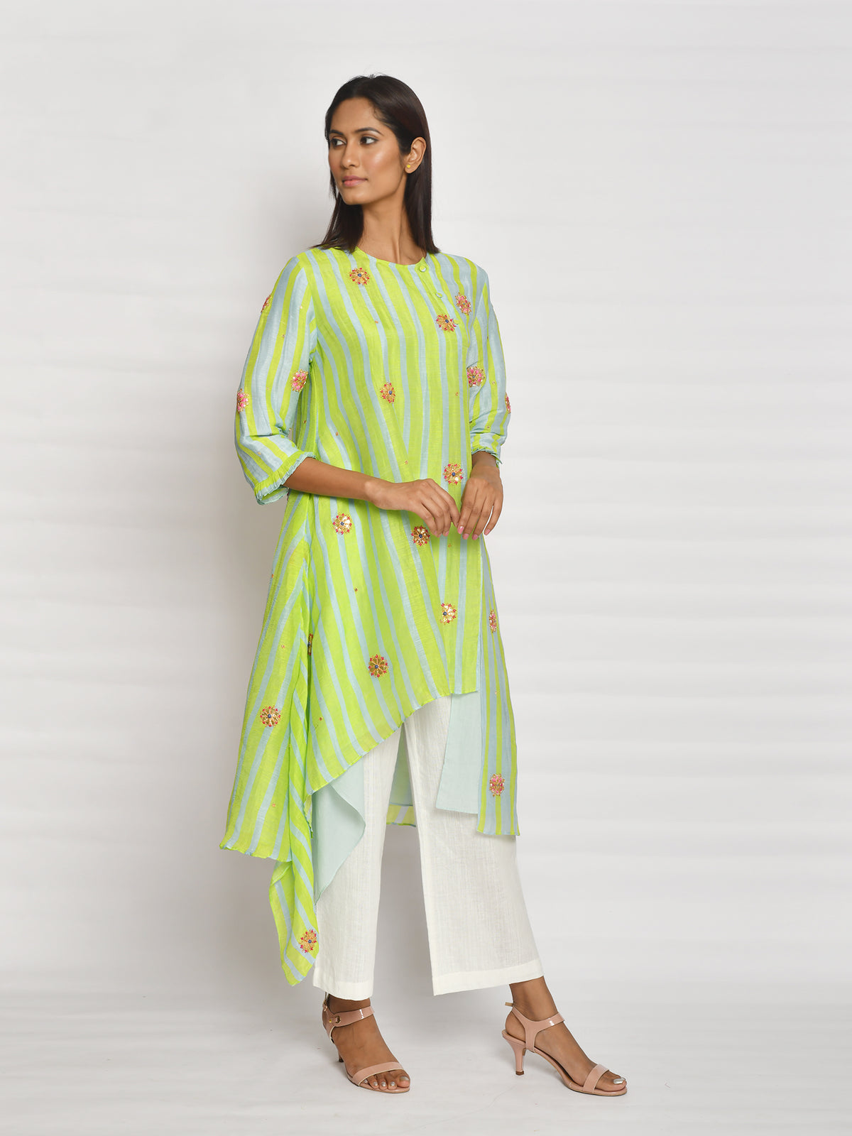 Lime Green Printed Embroidered Asymmetrical Kurta Set