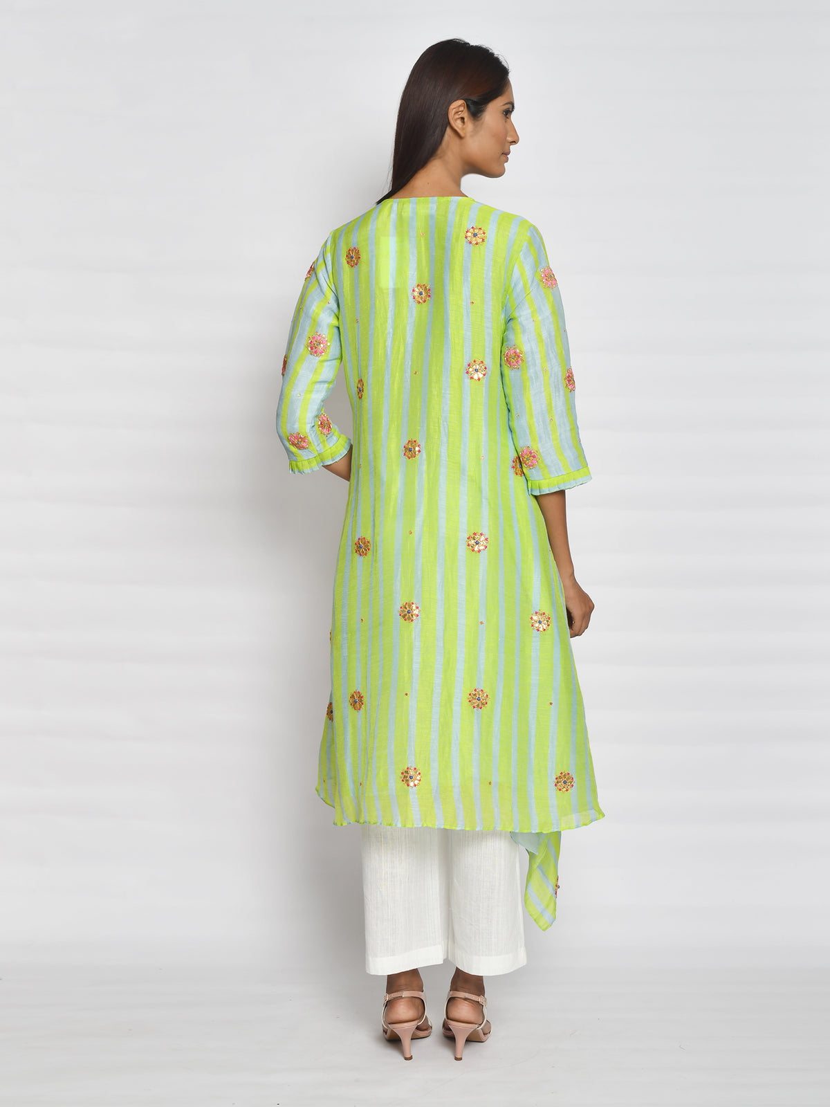 Lime Green Printed Embroidered Asymmetrical Kurta Set