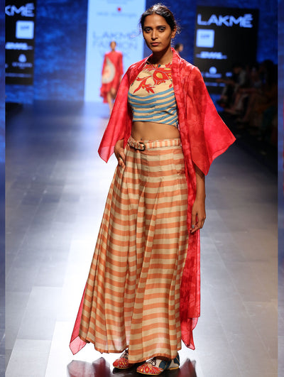 Bagh Applique Embroidered Crop Top With printed Pleated pants and Shibori Jacket