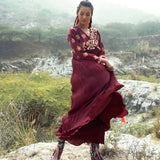 Tota Maroon Crushed Embroidered Dress