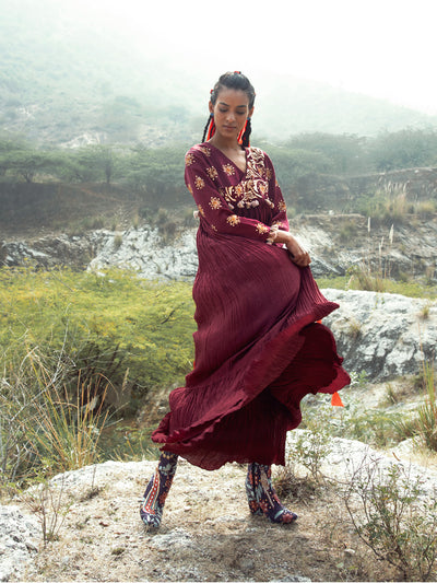 Tota Maroon Crushed Embroidered Dress