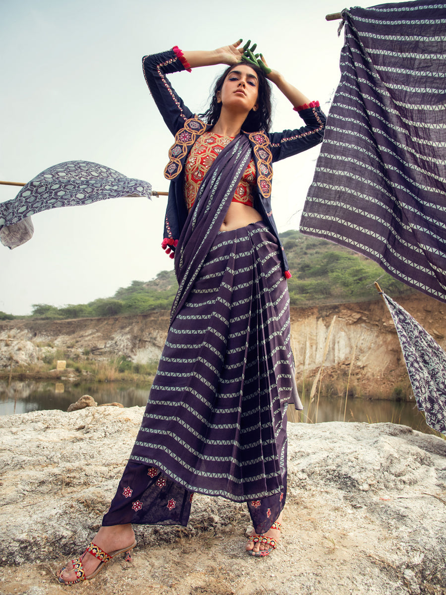 Morbagh Short Saree With Embroidered Blouse And Jacket
