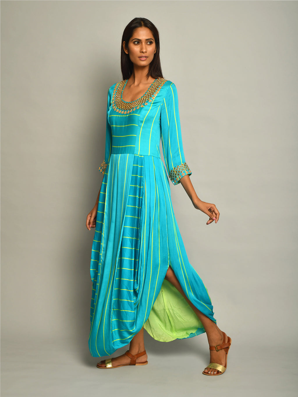 DRESS, dhoti dress, drape dress, contemporary indian apparel, indiandesignerwear, turquoise, embroidered, modern, indianapparel, swativijaivargie, festivewear, occasionwear