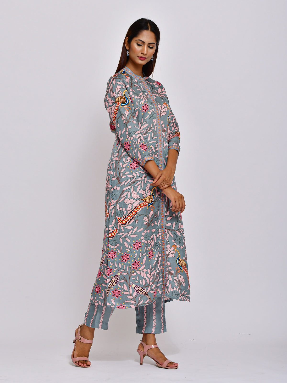 Peacock Printed Embroidered Jaal Kurta with Pants