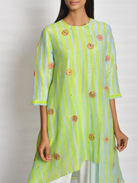 Lime Green Printed Embroidered Asymmetrical Kurta Set