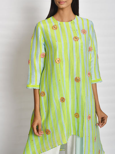 Lime Green Printed Embroidered Asymmetrical Kurta Set