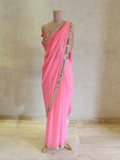 Pink Mirror Work Saree